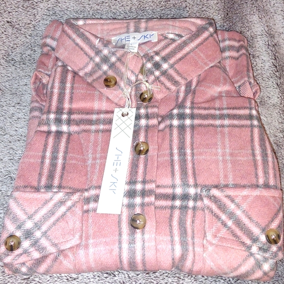 SHE + SKY Baby Pink Plaid Soft Fleece Lightweight Shacket - Picture 11 of 16